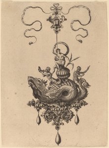 Diseño para un colgante con monstruo marino llevando a una mujer en una concha flanqueada por un tritón y un hombre con un remo de Hans Collaert the Elder