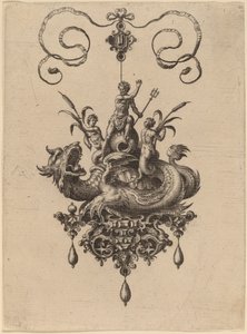 Diseño para un colgante con un monstruo marino llevando a Neptuno flanqueado por dos nereidas de Hans Collaert the Elder