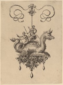 Diseño para un colgante con un monstruo marino llevando a Neptuno en una urna flanqueada por un dios del río con un remo de Hans Collaert the Elder