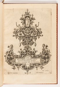 Placa 1, Página de título de una serie de diez, titulada Monilium Bullarum Inauriumque Artificiocissimae Icones, Ioannis Collaert Opus Postremum (Diseños para collares, colgantes y pendientes de la más alta habilidad, la obra final de Joannis Collaert) de Hans Collaert the Elder