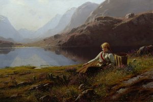 Chica tejiendo junto al lago de la montaña (óleo sobre lienzo) de Hans Dahl