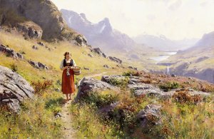 Tejiendo en un paisaje noruego de Hans Dahl