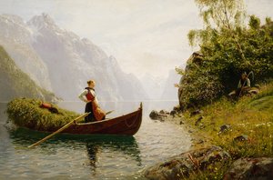 Mujer y hombre en un paisaje de fiordos de Hans Dahl