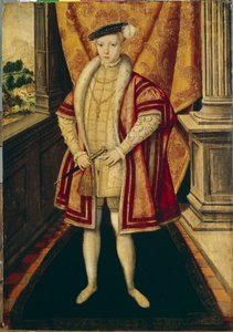 Retrato del rey Eduardo VI (1537-1553) de Inglaterra e Irlanda (Retrato del rey Eduardo VI de Inglaterra). tercer soberano de la dinastía Tudor, es el primer soberano protestante en ascender al trono. Pintura de Hans Eworth (Ewouts) (circa de Hans Eworth or Ewoutsz
