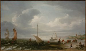 La playa de Egmond aan Zee con pescadores descargando su captura de Hans Goderis