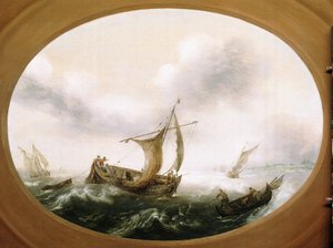 Barcos de pesca holandeses atrapados en una gran brisa, un barco más pequeño, velas abajo, a la derecha, con los pescadores tirando de las redes de Hans Goderis