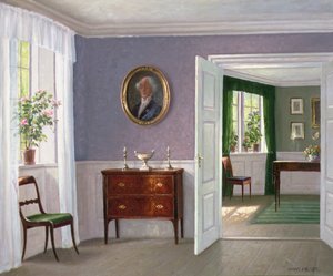 Un interior iluminado por el sol (óleo sobre lienzo) de Hans Hilsoe