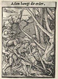 Danza de la muerte: Adán labrando la tierra de Hans Holbein