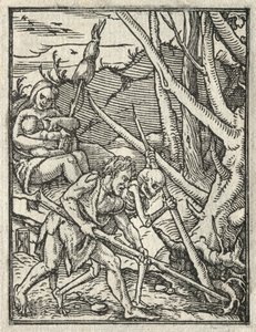 La Danza de la Muerte: Expulsión del Paraíso, Adán Cultivando la Tierra de Hans Holbein