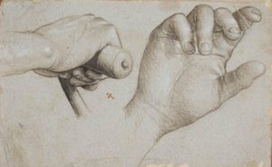 Estudios de la mano de un ballestero y de la mano derecha de San Sebastián de Hans Holbein d.Æ.