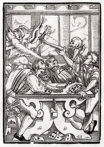 La muerte y el diablo vienen por el jugador de cartas, grabado por Georg Scharffenberg, de 