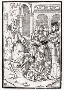 La muerte llega para la reina, grabado por Georg Scharffenberg, de 