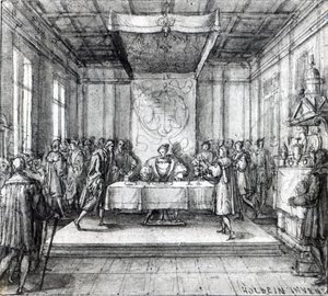 Enrique VIII en su cámara privada (pluma, tinta y lavado sobre papel)