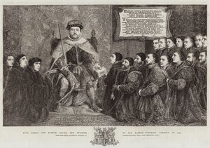 El Rey Enrique VIII otorgando la Carta a la Compañía de Barberos-Cirujanos, en 1541 de Hans Holbein der Jüngere