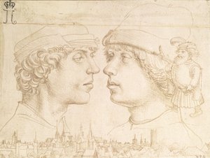 Retratos de dos jóvenes, un enano y un paisaje urbano, c.1514 de Hans Holbein der Jüngere
