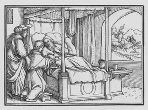 Jacob engaña a su padre y obtiene la bendición, Génesis XXVII, 21 de Hans Holbein der Jüngere