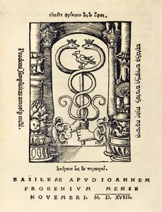 Marca de impresor de Johann Frobens (c.1460-1527) mostrando dos manos sosteniendo el caduceo de la tercera edición de 1518 de 