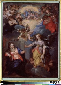 La Anunciación. Pintura de Hans Rottenhammer Ingle (1564-1625). Óleo sobre cobre, 37 x 21 cm. Arte alemán, Manierismo. Museo Estatal de Arte Extranjero de la República de Letonia, Riga (Letonia). de Hans I or Johann Rottenhammer