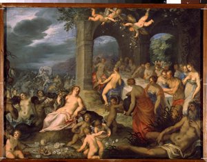 Fiesta de los dioses, el matrimonio de Peleo y Tetis. A la izquierda, divinidades Merin (tritones y naides). En el centro, la diosa de la Tierra Tellus Mater (o Terra Mater o Gaia) con un cuerno abon de Hans I or Johann Rottenhammer