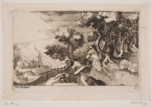 Paisaje con una cabaña entre árboles a la derecha de Hans Jørgen Kirksteen