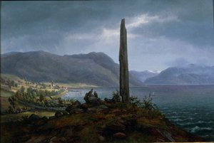 La piedra conmemorativa de Frithjof en Leikanger por Balestrand en Soon (óleo sobre lienzo)
