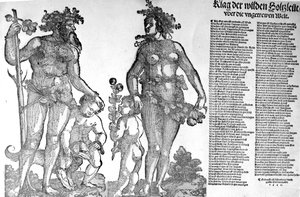 Hoja volante sobre la retirada de los hombres salvajes de los bosques de un mundo que ha cambiado para peor, xilografía hecha por Hans Guldenmundt, 1545 de Hans Leonard Schaufelein