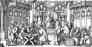 La venta de indulgencias (detalle) de Hans Lützelburger