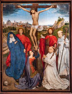 Cristo crucificado con la Virgen, San Juan Bautista y el Evangelista, María Magdalena y dos abades cistercienses de Hans Memling