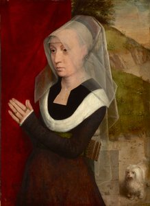 Femme en priere avec son chien - Mujer orante con su perro, de Memling, Hans (1433/40-1494). Óleo sobre madera de Hans Memling
