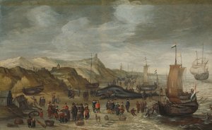 Un cachalote en la playa de Noordwijk, 28 de diciembre de 1614 de Hans Savery (I) (attributed to)