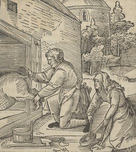 Un granjero sacrificando un cerdo, de Hymmelwagen auff dem, wer wol lebt, 1517 de Hans Schäufelein the Elder