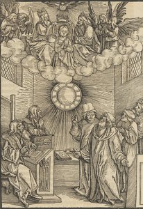 El autor escribiendo el Layenspiegel, La Trinidad y la Virgen en el centro superior, de 1511 de Hans Schäufelein the Elder