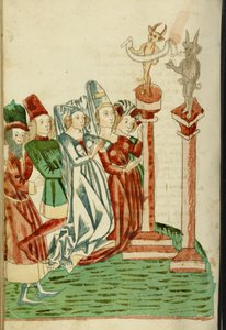 Un grupo de hombres y mujeres adoran dos ídolos, 1469 de Hans Schilling