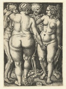La muerte y tres mujeres desnudas de pie