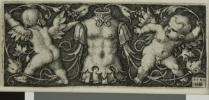 Ornamento con armadura y dos genios, de Cuatro viñetas
