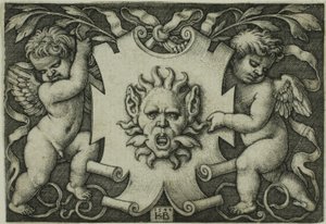 Ornamento con una máscara sostenida por dos genios de Hans Sebald Beham