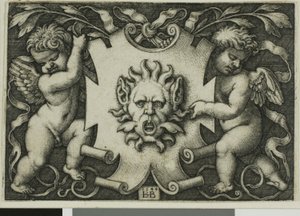 Ornamento con una máscara sostenida por dos genios de Hans Sebald Beham