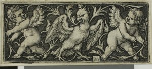 Ornamento con un águila y dos genios, de Cuatro viñetas de Hans Sebald Beham