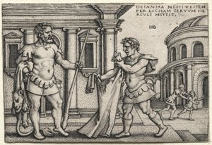 Hércules recibiendo la prenda empapada en sangre de Nessuss, 1542. de Hans Sebald Beham