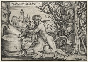 Los Trabajos de Hércules: Hércules Estrangulando al León de Nemea de Hans Sebald Beham