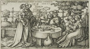 El hijo pródigo desperdiciando su fortuna, placa dos de La historia del hijo pródigo de Hans Sebald Beham