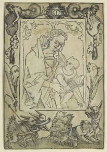 La Virgen y el Niño rodeados por un Borde con un Cazador y algunos Conejos de Hans Sebald Beham