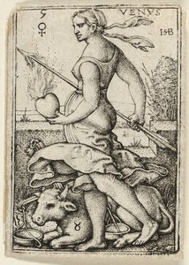 Venus, lámina cinco de Los siete planetas con los zodíacos de Hans Sebald Beham