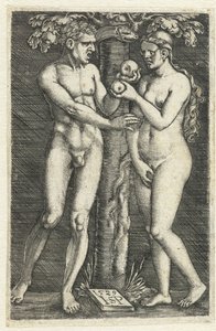 Tentación de Adán y Eva en el Paraíso de Hans Sebald Beham