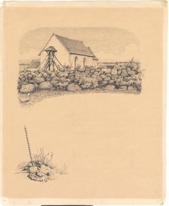 Ilustración para St. St. Blicher: "Mowns". F.o.: iglesia detrás de un muro de piedra; f.n.: tumba (?) con pala de Hans Smidth