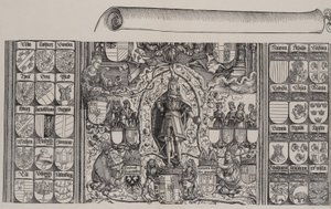 La parte superior de la genealogía de Maximiliano, con el borde derecho del pergamino, 1515 de Hans Springinklee