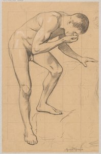 Desnudo de un hombre inclinado hacia delante de Hans Thoma