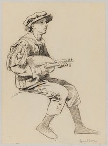 Niño con traje renacentista tocando el laúd de Hans Thoma