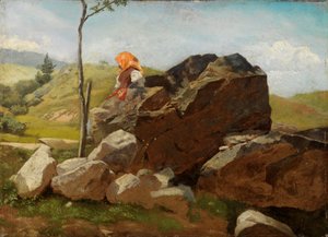 Bloques de roca con una muchacha del campo sentada de Hans Thoma