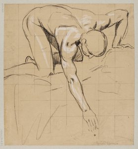 Joven desnudo inclinado sobre un manantial, sacando agua con la mano derecha de Hans Thoma